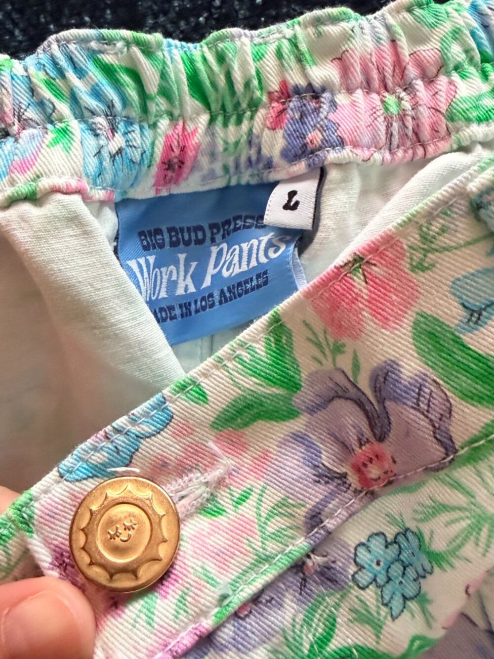 Big Bud Press Work Pants "wallpaper" Floral Pastel Pink Purple Blue Size L - Picture 7 of 8
